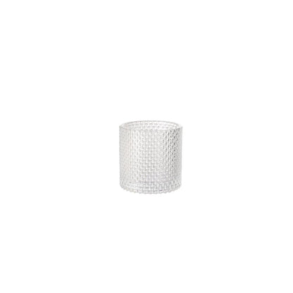 The Duni GmbH candle holder Calm 80 x 80 mm is a clear, cylindrical candle holder with a textured mesh pattern, depicted centrally on a plain white background.
