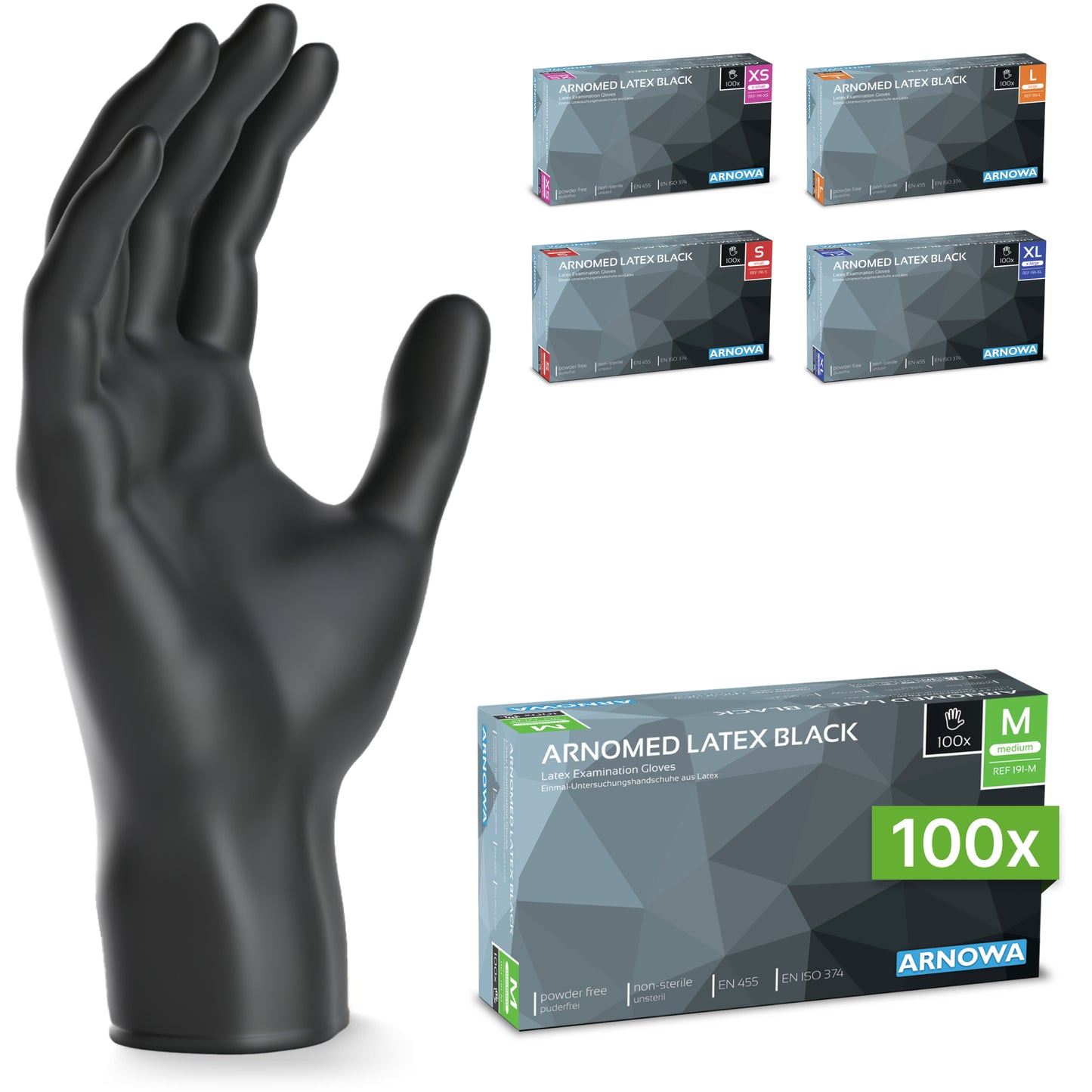 On the left is a black ARNOMED LATEX BLACK disposable glove from ARNOWA GmbH. Next to it are five boxes of powder-free black latex gloves in various sizes, the largest at the front contains 100 pieces in size M.
