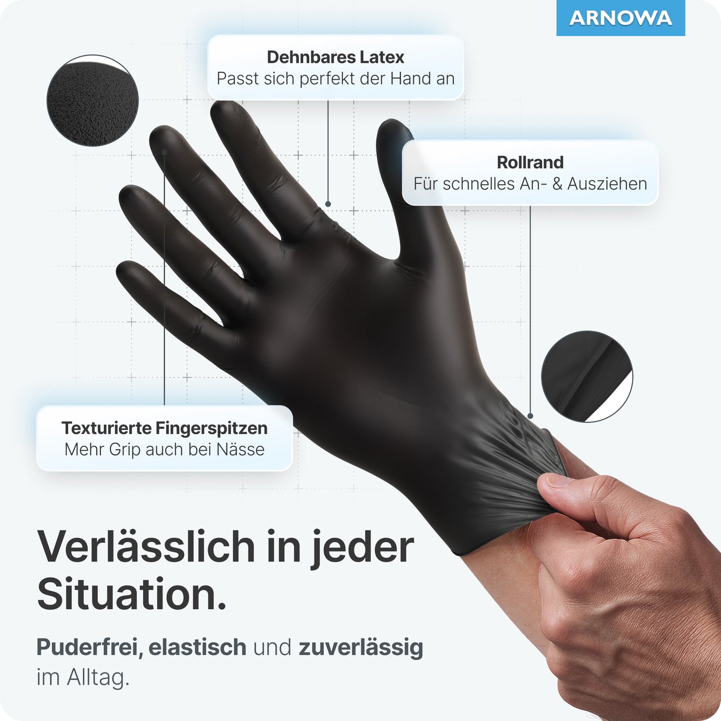 A person is wearing ARNOMED LATEX BLACK powder-free disposable gloves made of black latex from ARNOWA GmbH, with stretchable latex, textured fingertips for grip, and rolled cuff—all product information in German.