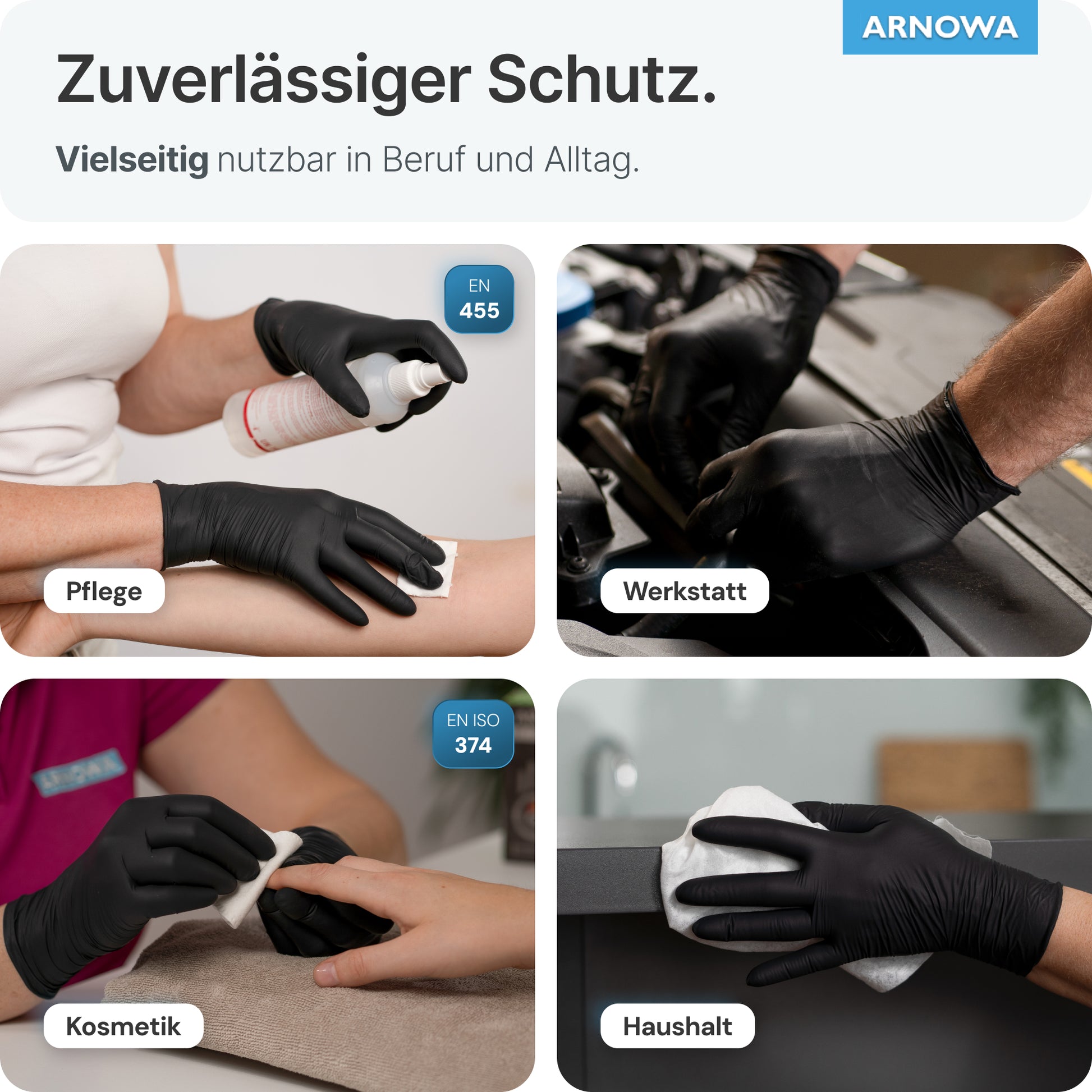 Four photos show hands wearing ARNOMED LATEX BLACK powder-free disposable gloves made of black latex (from ARNOWA GmbH) for care, workshop, cosmetics, and household—the German text highlights their versatility.