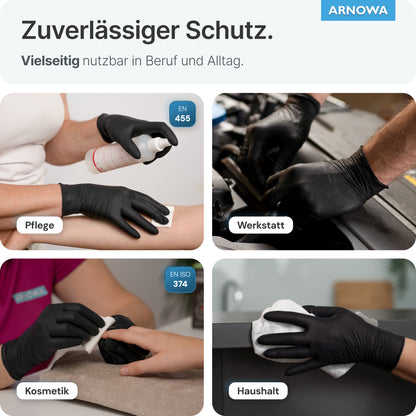 Four photos show hands wearing ARNOMED LATEX BLACK powder-free disposable gloves made of black latex (from ARNOWA GmbH) for care, workshop, cosmetics, and household—the German text highlights their versatility.