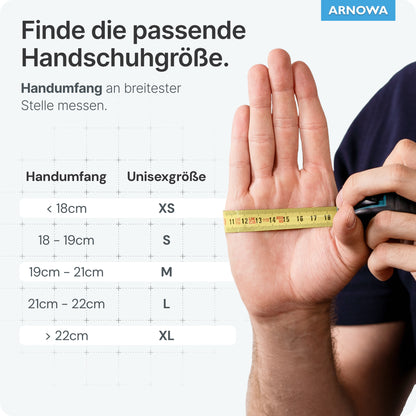 A hand is measured with a yellow tape next to a size chart for ARNOMED LATEX BLACK powder-free disposable gloves made of black latex from ARNOWA GmbH, showing sizes XS to XL based on hand circumference in centimeters.