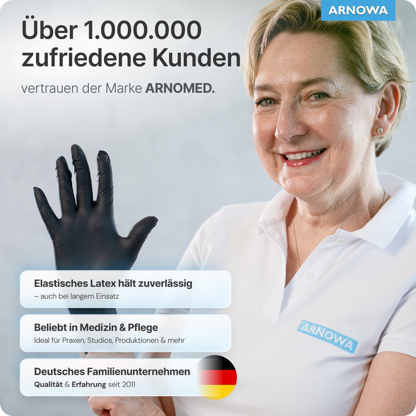 A smiling woman in a white polo and an ARNOMED LATEX BLACK powder-free disposable glove from ARNOWA GmbH gestures, with the German text highlighting the reliability and versatile use of the gloves in many areas.