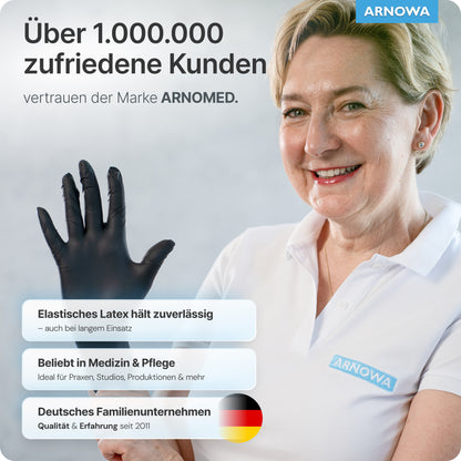A smiling woman in a white polo and an ARNOMED LATEX BLACK powder-free disposable glove from ARNOWA GmbH gestures, with the German text highlighting the reliability and versatile use of the gloves in many areas.