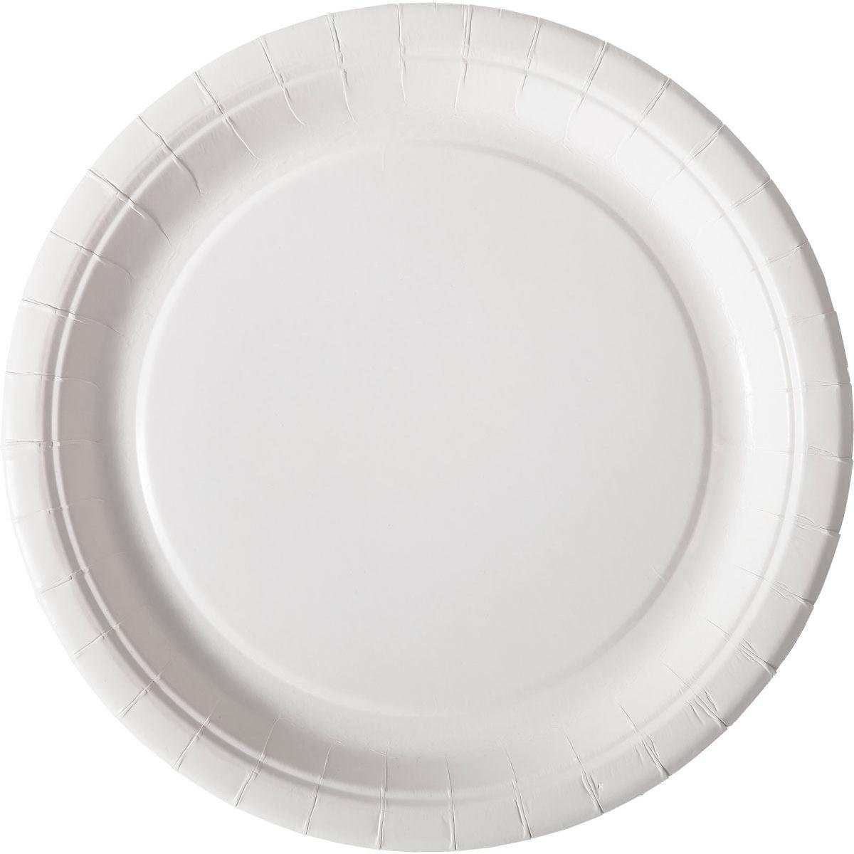 A simple, round, white cardboard plate (Plate ø 22 cm, Cardboard White Paper ø220 | Pack of 100 pieces) from Duni GmbH with a slightly raised, corrugated edge is photographed from above against a white background.