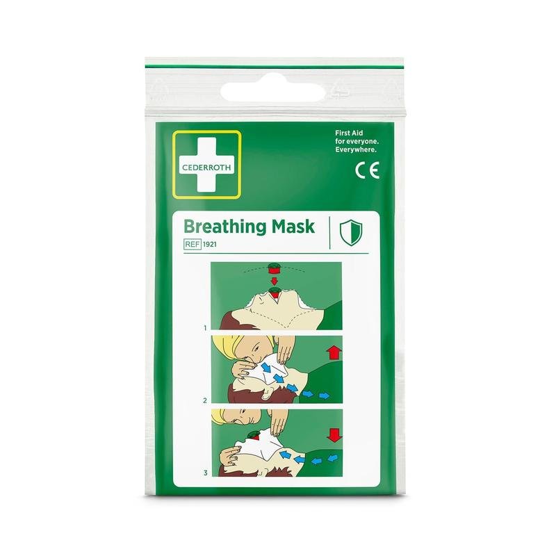 The Cederroth breathing mask | Pack (1 piece) from Orkla Wound Care AB features illustrated application steps, first aid symbols, and provides protection against dust in its green emergency packaging.