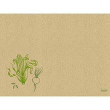 A structured brown grass paper placemat 30 x 40 cm Veggies by Duni GmbH features green veggie sketches and small "Ecoecho" and "sustainable" lettering that highlight these eco-friendly placemats. The package contains 250 pieces.
