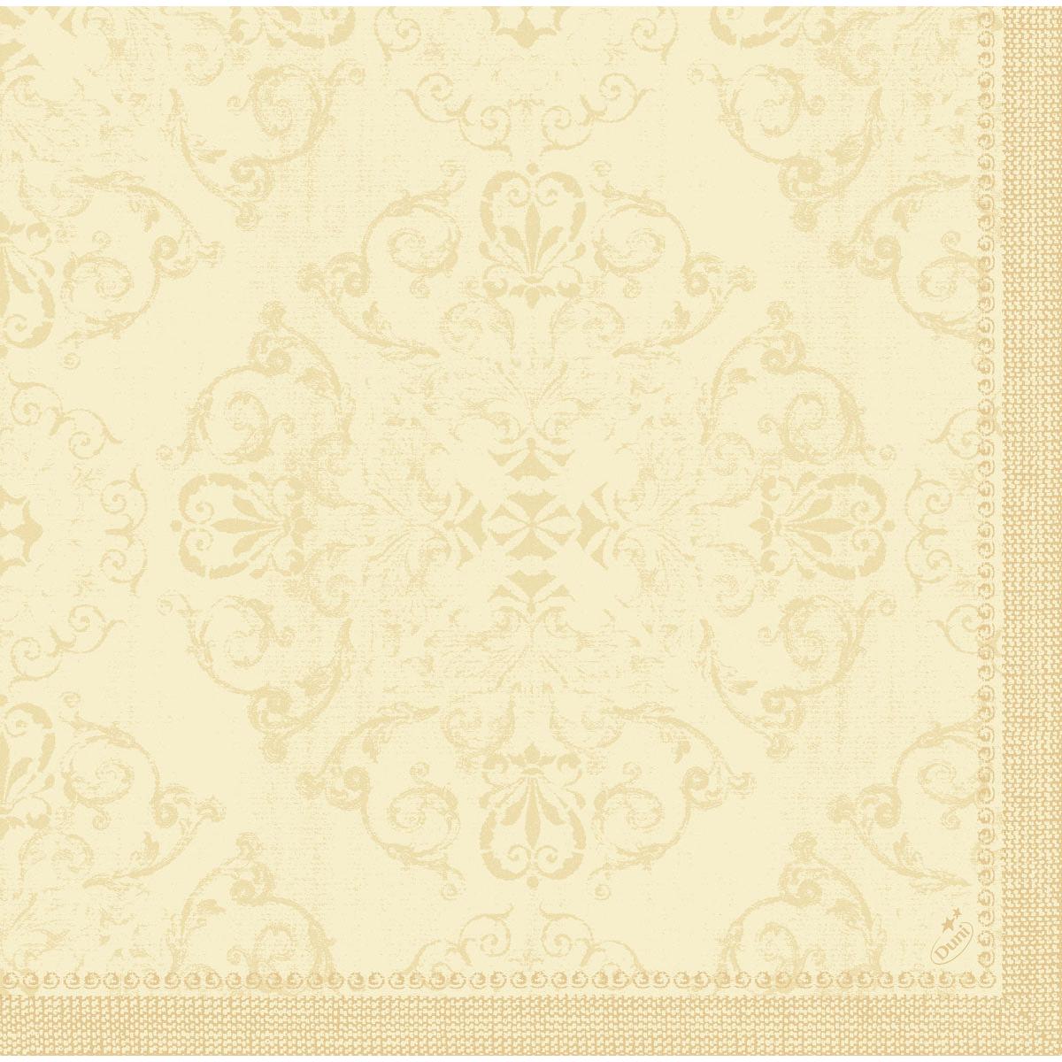 Cream-colored ornamental wallpaper with a symmetrical, delicate floral and tendril pattern in a vintage look - inspired by Duni GmbH Dunilin napkins 40 x 40 cm 1/4 fold.