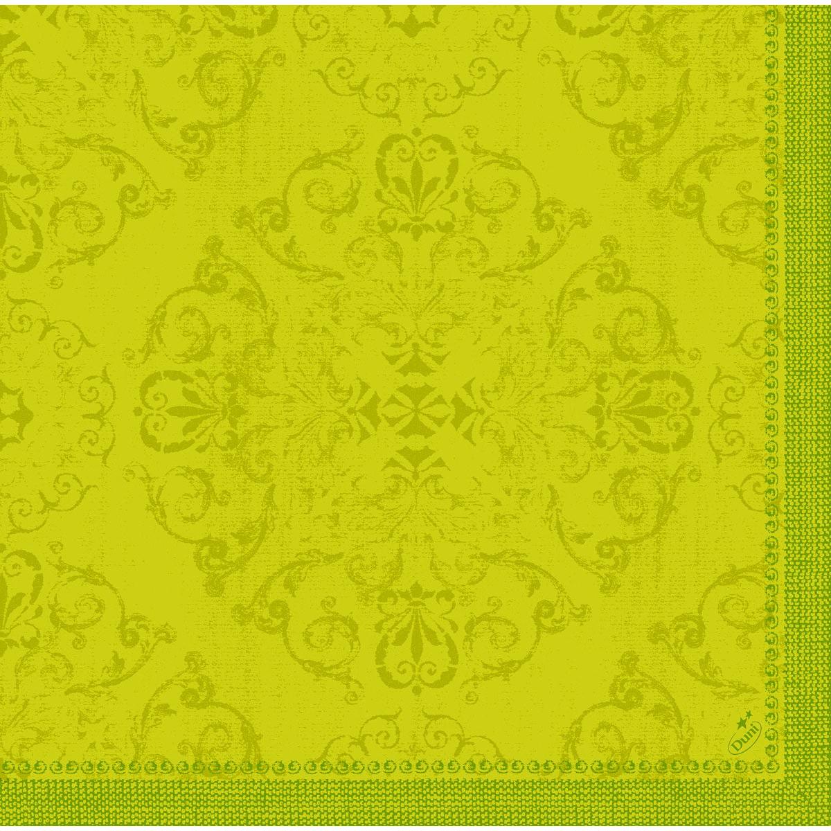 The Dunilin napkins 40 x 40 cm 1/4 fold from Duni GmbH are adorned with an artistic yellow-green damask pattern and a decorative border on the right and bottom, adding elegance to any set table.