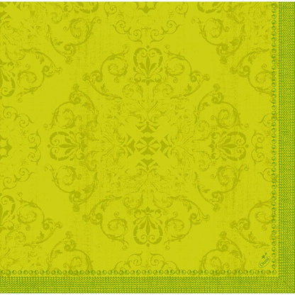 The Dunilin napkins 40 x 40 cm 1/4 fold from Duni GmbH are adorned with an artistic yellow-green damask pattern and a decorative border on the right and bottom, adding elegance to any set table.