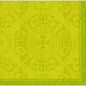 The Dunilin napkins 40 x 40 cm 1/4 fold from Duni GmbH are adorned with an artistic yellow-green damask pattern and a decorative border on the right and bottom, adding elegance to any set table.