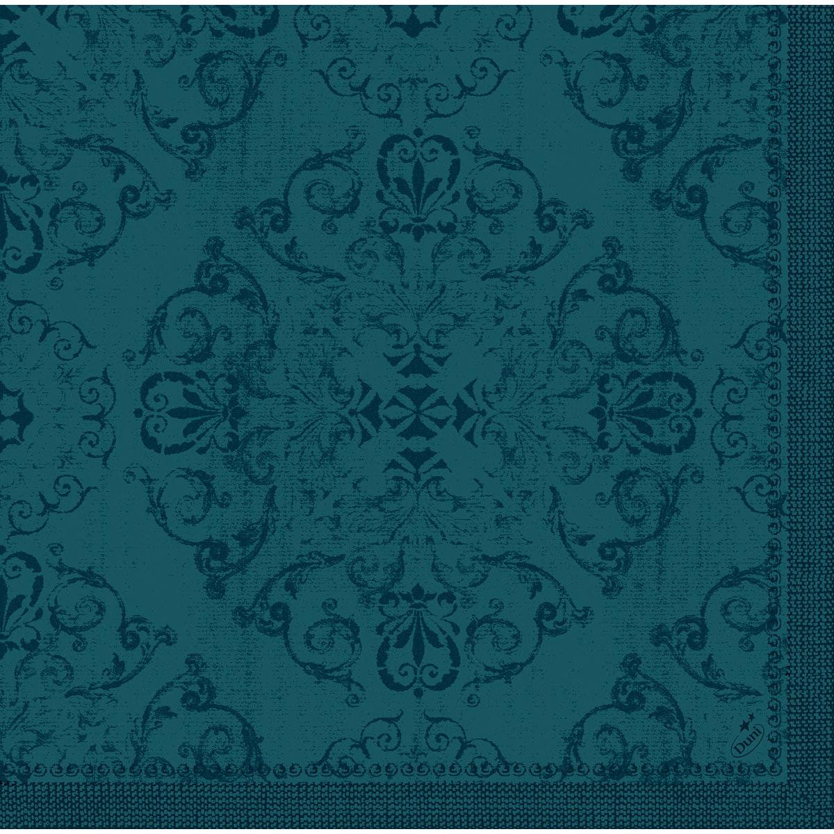 Duni GmbH Dunilin napkins 40 x 40 cm 1/4 fold, teal with elegant damask floral and tendril pattern, and a decorative border - high-quality napkins for any stylishly set table.