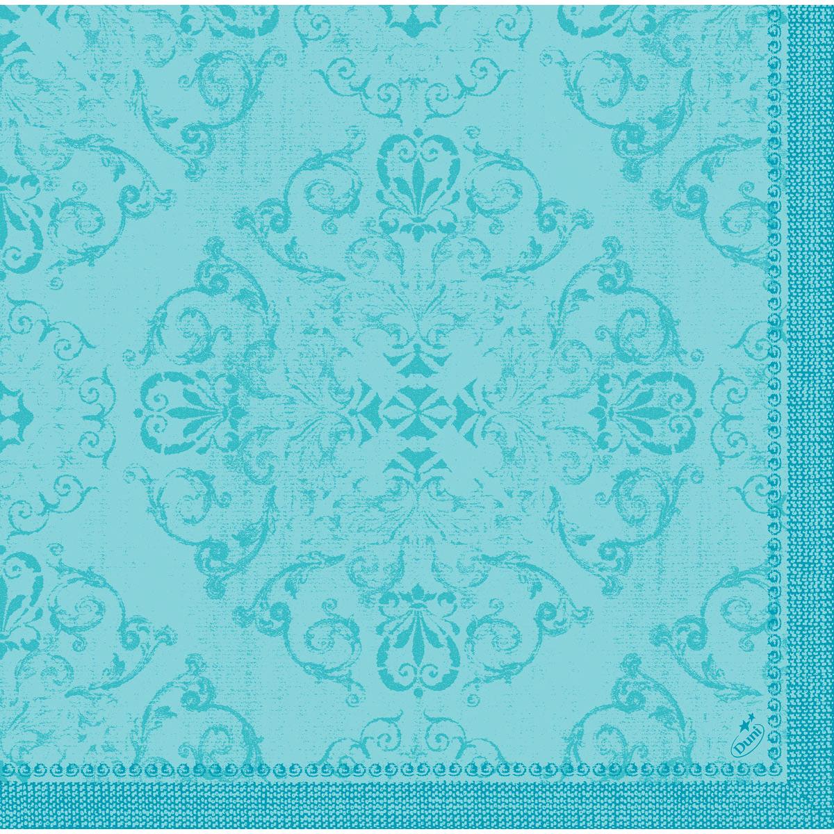 The Dunilin napkin 40 x 40 cm 1/4 fold from Duni GmbH features a turquoise and light blue damask pattern with artistic floral and snail motifs, a decorative border with small circles, and a textured background.