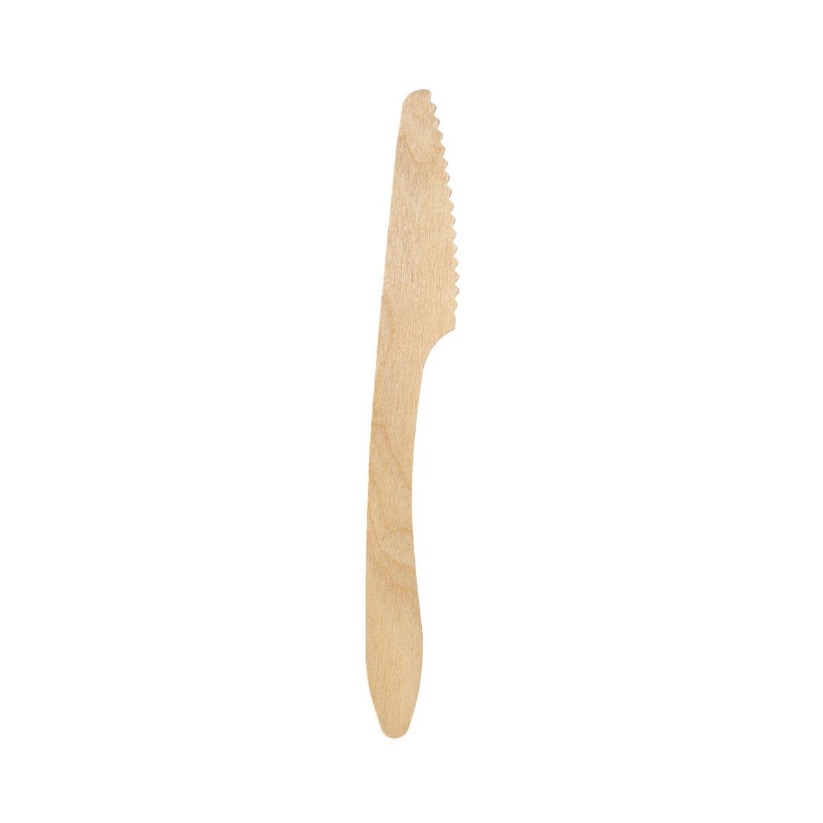 The image shows a knife 190 mm, wood waxed, with a serrated blade of the brand Duni GmbH on a white background. Packaging unit: 100 pieces.