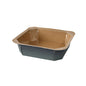 A rectangular, brown-black Forum bowl printed paper/PE food tray by Duni GmbH with folded edges, made of disposable cardboard/paper/PE material, is empty and stands against a plain white background.