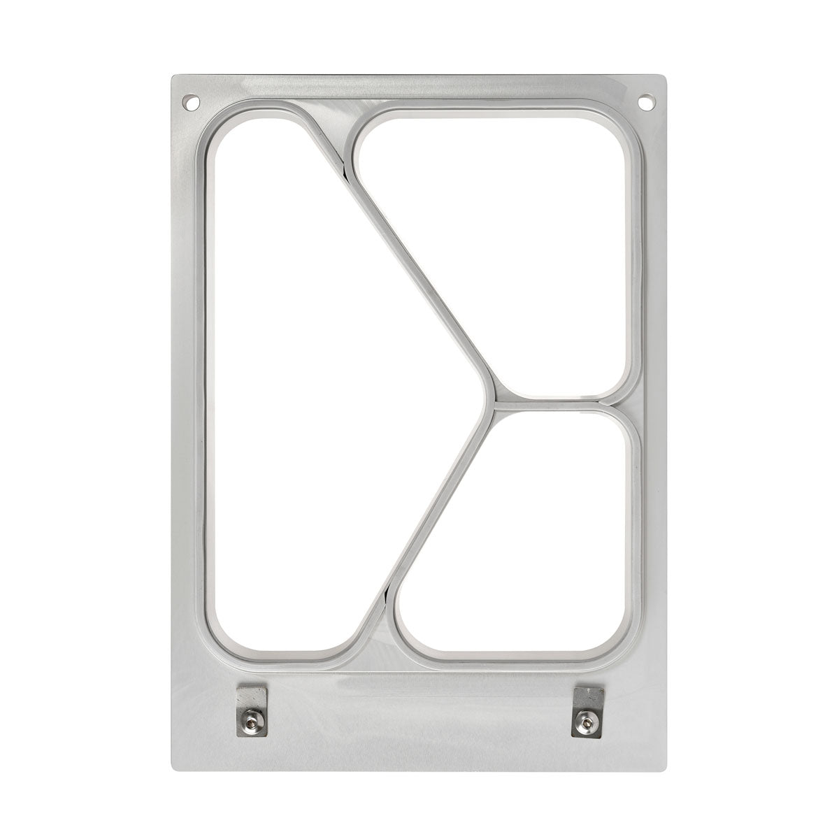 The cassette DF10/20 3-comp from Duni GmbH is a rectangular metal frame with rounded edges and intersecting bars, designed for Fibretray Caterline 500/250/190 ml, and features two bottom screws and four corner holes for easy installation.