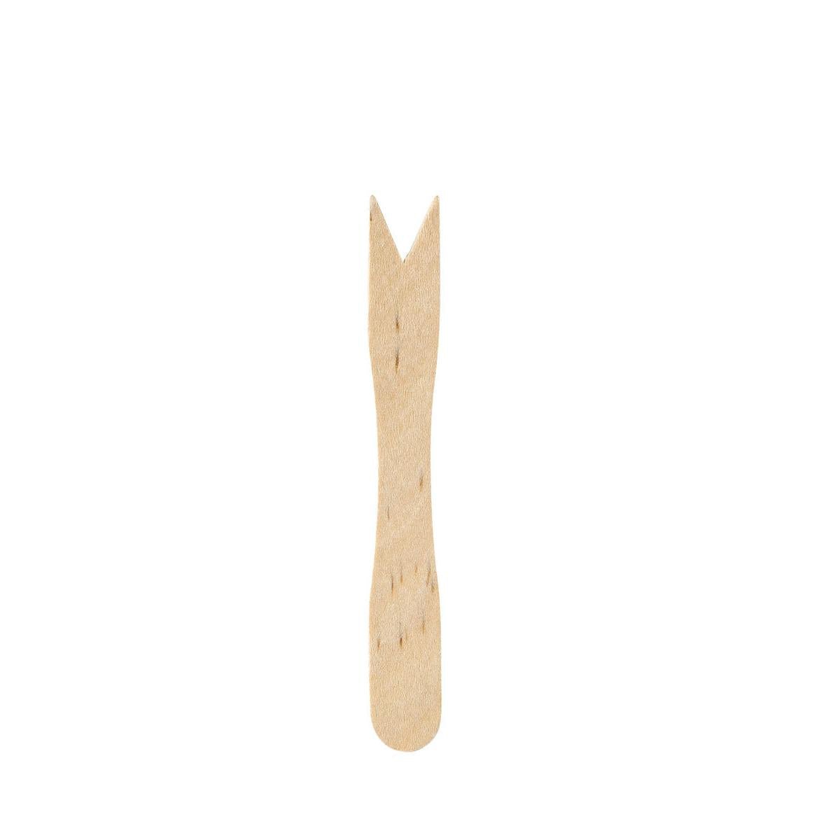 The 85 mm chip fork from Duni GmbH is a small, flat, unwaxed wooden finger food fork with a V-shaped notch and rounded handle, environmentally friendly and isolated in white. Package: 1000 pieces.