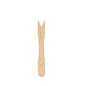 The 85 mm chip fork from Duni GmbH is a small, flat, unwaxed wooden finger food fork with a V-shaped notch and rounded handle, environmentally friendly and isolated in white. Package: 1000 pieces.