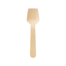 The Duni GmbH ice cream spoon 95 mm, unwaxed natural wood is characterized by a flat, wide, angular tip that combines the shapes of a spatula and a spoon. Pictured on a white background. Package: 100 pieces.