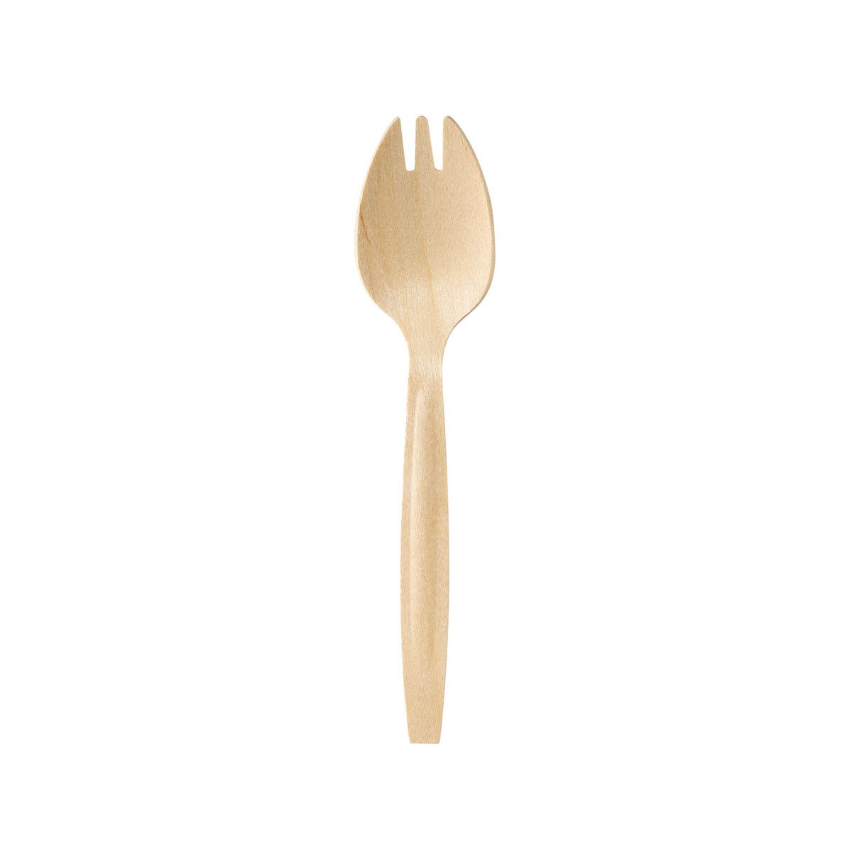 A Duni GmbH spork / spork 147 mm, waxed wood, with a smooth surface is centered on a white background. This eco-friendly utensil combines the functions of a spoon and fork and features three short tines at the top end. Package: 100 pieces.