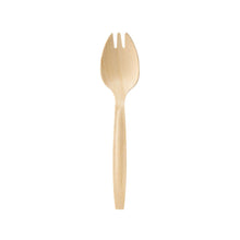 A Duni GmbH spork / spork 147 mm, waxed wood, with a smooth surface is centered on a white background. This eco-friendly utensil combines the functions of a spoon and fork and features three short tines at the top end. Package: 100 pieces.