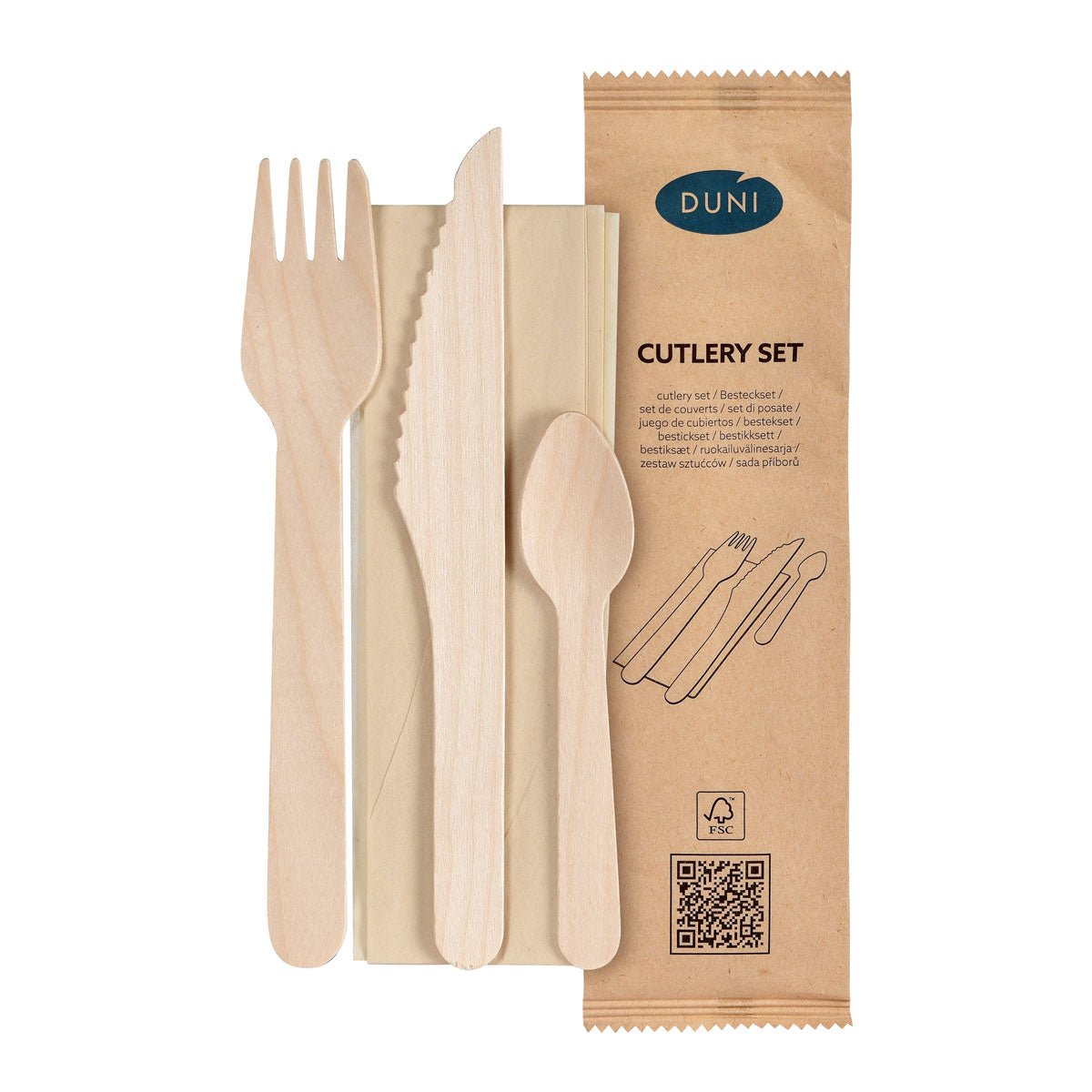 The 4/1 cutlery set from Duni GmbH includes a naturally waxed wooden fork, knife, coffee spoon, and brown napkin, along with a brown packaging labeled "Duni Cutlery Set" with illustrations and a QR code.