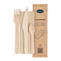 The 4/1 cutlery set from Duni GmbH includes a naturally waxed wooden fork, knife, coffee spoon, and brown napkin, along with a brown packaging labeled "Duni Cutlery Set" with illustrations and a QR code.