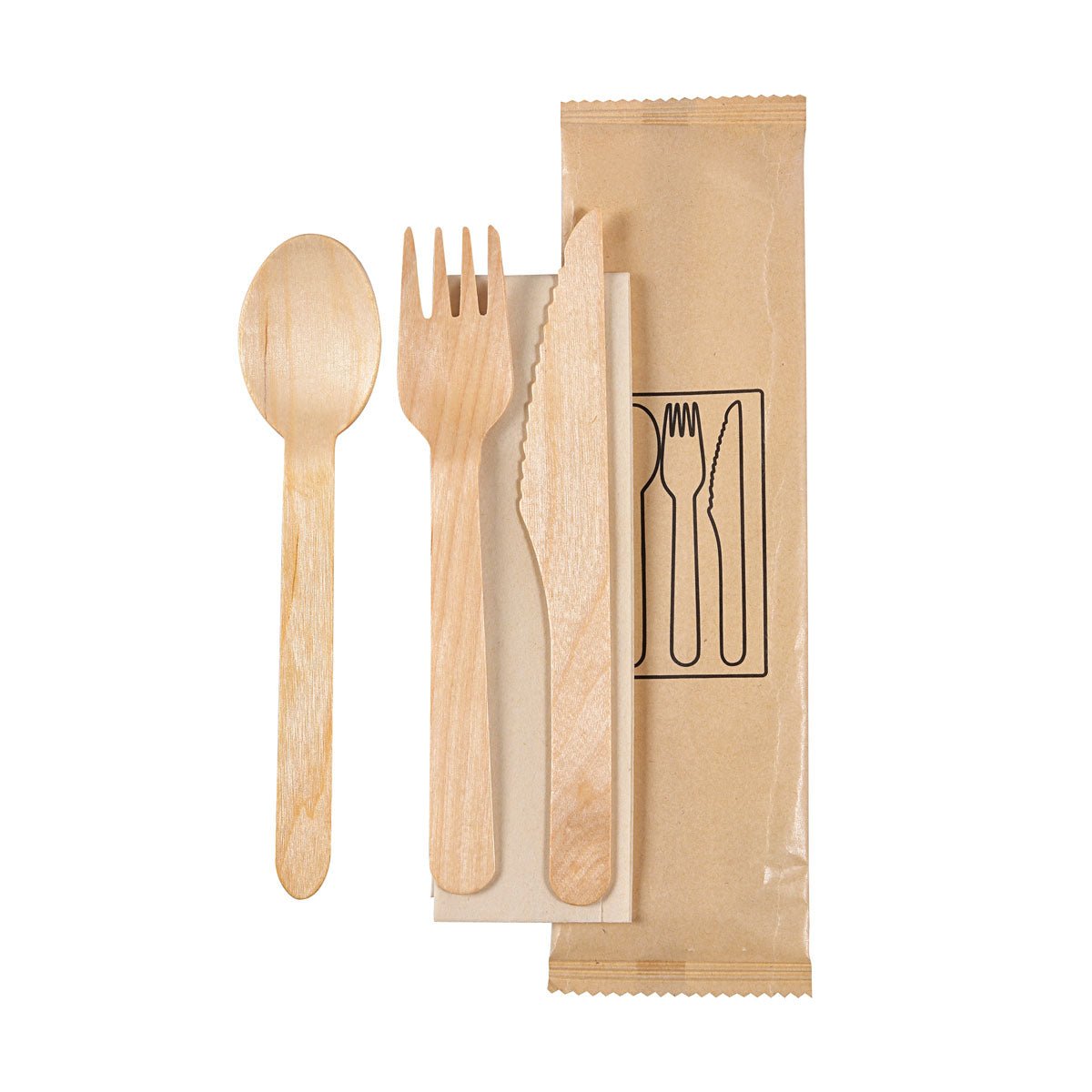The Duni GmbH 4/1 cutlery set made of naturally waxed wood contains a fork, knife, spoon, and brown napkin (160/165/160), hygienically packed in 250 pieces - environmentally friendly on a white background next to an illustrated paper bag.