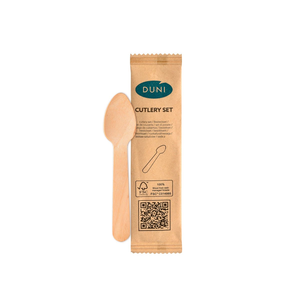 A 1/1 coffee spoon 110 mm made of wood from Duni GmbH lies next to an individually wrapped, natural paper sleeve with recycling symbol and sustainability information on a white background. The package contains 250 pieces.