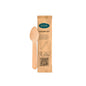 A 1/1 coffee spoon 110 mm made of wood from Duni GmbH lies next to an individually wrapped, natural paper sleeve with recycling symbol and sustainability information on a white background. The package contains 250 pieces.