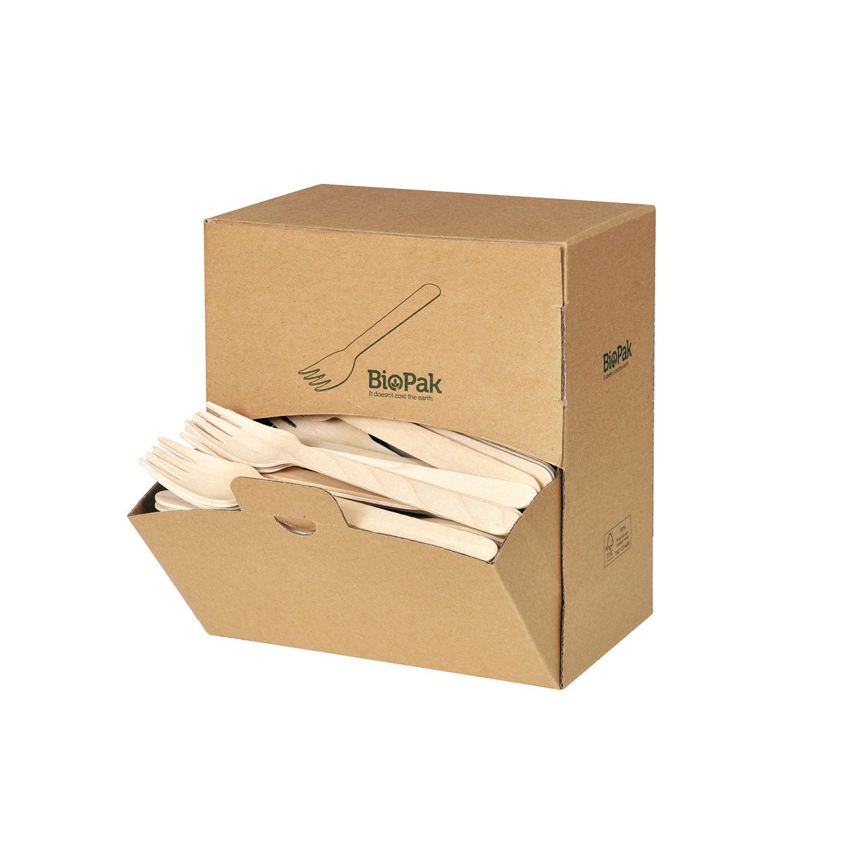 A donation box from Duni GmbH with the inscription "Wooden Fork 160 mm, Naturally Waxed" contains 300 wooden forks, with some of the eco-friendly forks protruding from the opening at the front of the box.