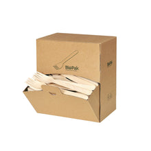 A donation box from Duni GmbH with the inscription "Wooden Fork 160 mm, Naturally Waxed" contains 300 wooden forks, with some of the eco-friendly forks protruding from the opening at the front of the box.