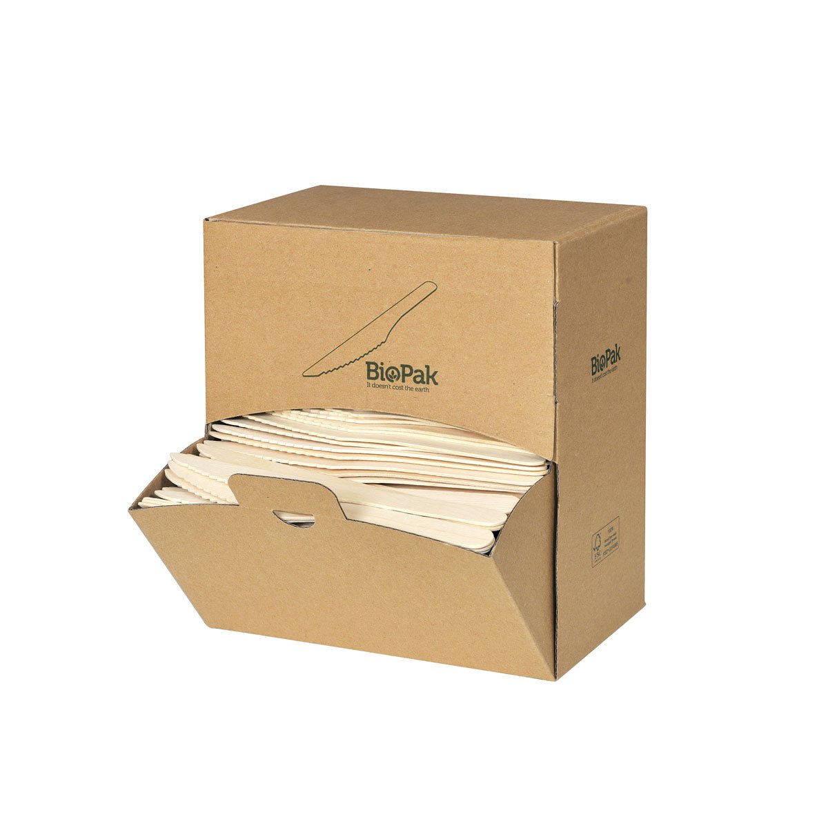 A simple brown "Duni GmbH" box with the label "Wooden Knife 165mm, Dispenser Box Natural Waxed 165 | Pack (400 pieces)" is open at the front and displays a stack of eco-friendly, biodegradable wooden knives. There are minimal texts and symbols on the sides.