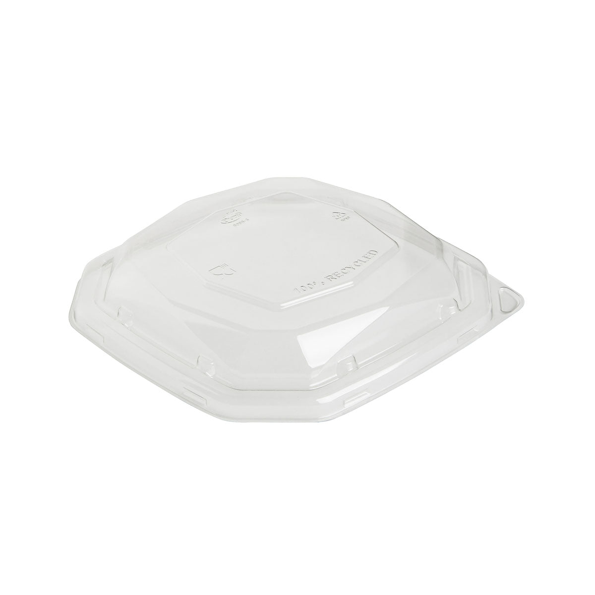 Transparent, hexagonal rPET lid (191x191x35 mm) from Duni GmbH with a slight dome, recycling symbols, and embossed "100% recycled". Ideal for Octabagasse 650/900 ml containers or other eco-friendly applications. Pack of 50 pieces.