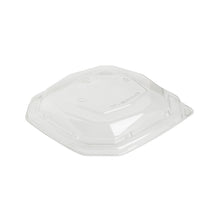 Transparent, hexagonal rPET lid (191x191x35 mm) from Duni GmbH with a slight dome, recycling symbols, and embossed "100% recycled". Ideal for Octabagasse 650/900 ml containers or other eco-friendly applications. Pack of 50 pieces.
