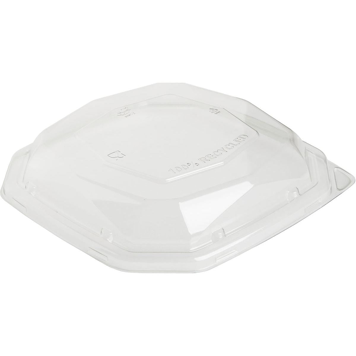 The Duni GmbH rPet Lid Octabagasse 1000 ml Transparent rPET 233x233x44 features a raised center, beveled edges, recycling symbols, and the embossing "100% RECYCLED" on the surface. Available in packs of 50.
