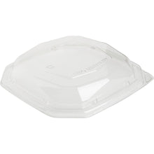 The Duni GmbH rPet Lid Octabagasse 1000 ml Transparent rPET 233x233x44 features a raised center, beveled edges, recycling symbols, and the embossing "100% RECYCLED" on the surface. Available in packs of 50.