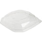 The Duni GmbH rPet Lid Octabagasse 1000 ml Transparent rPET 233x233x44 features a raised center, beveled edges, recycling symbols, and the embossing "100% RECYCLED" on the surface. Available in packs of 50.
