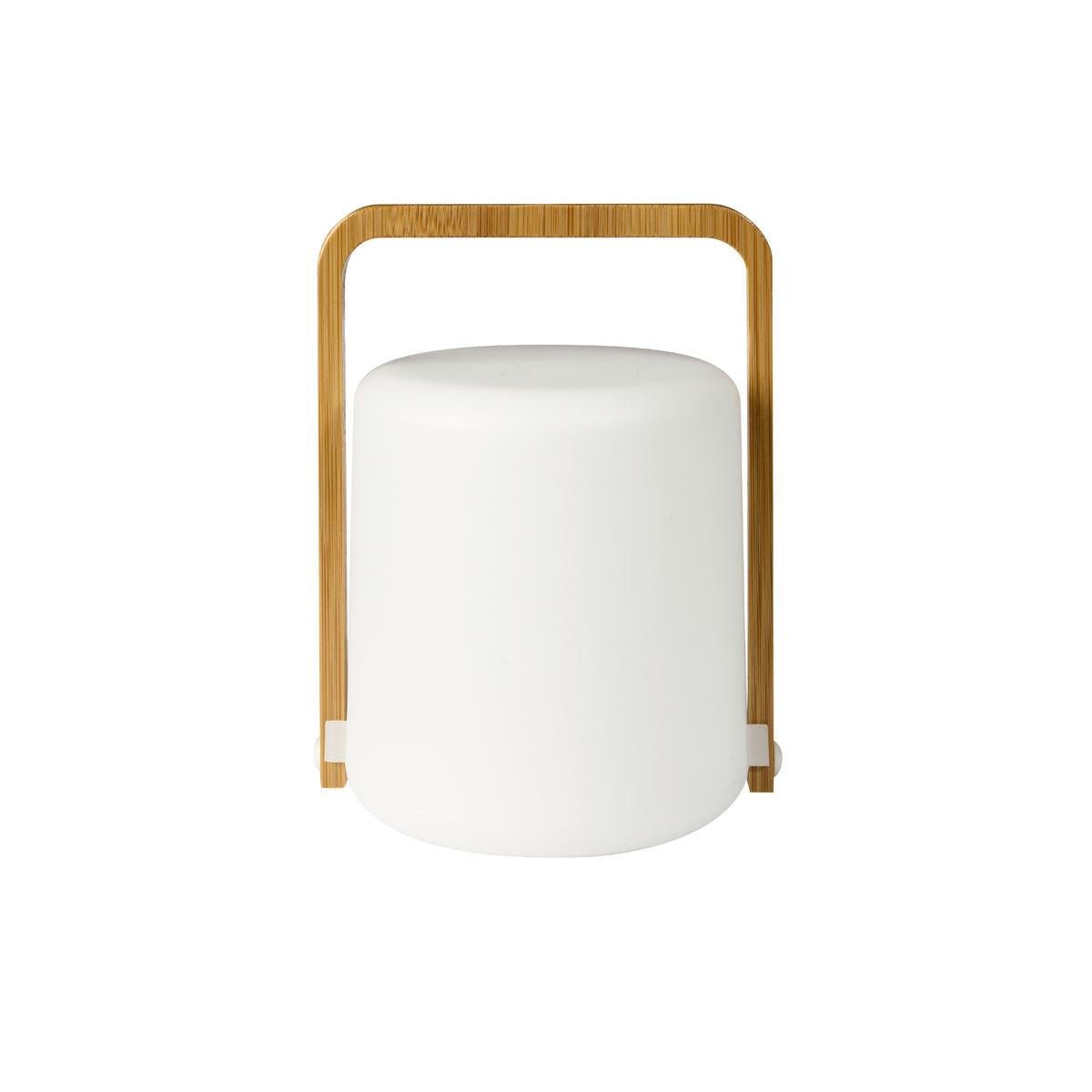 The Duni GmbH LED candle holder made of bamboo - Stylish Sibling Decorator (1 piece) is a white cylindrical light with a rounded head and a rectangular bamboo handle on both sides, shown against a plain white background.
