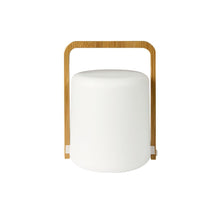The Duni GmbH LED candle holder made of bamboo - Stylish Sibling Decorator (1 piece) is a white cylindrical light with a rounded head and a rectangular bamboo handle on both sides, shown against a plain white background.