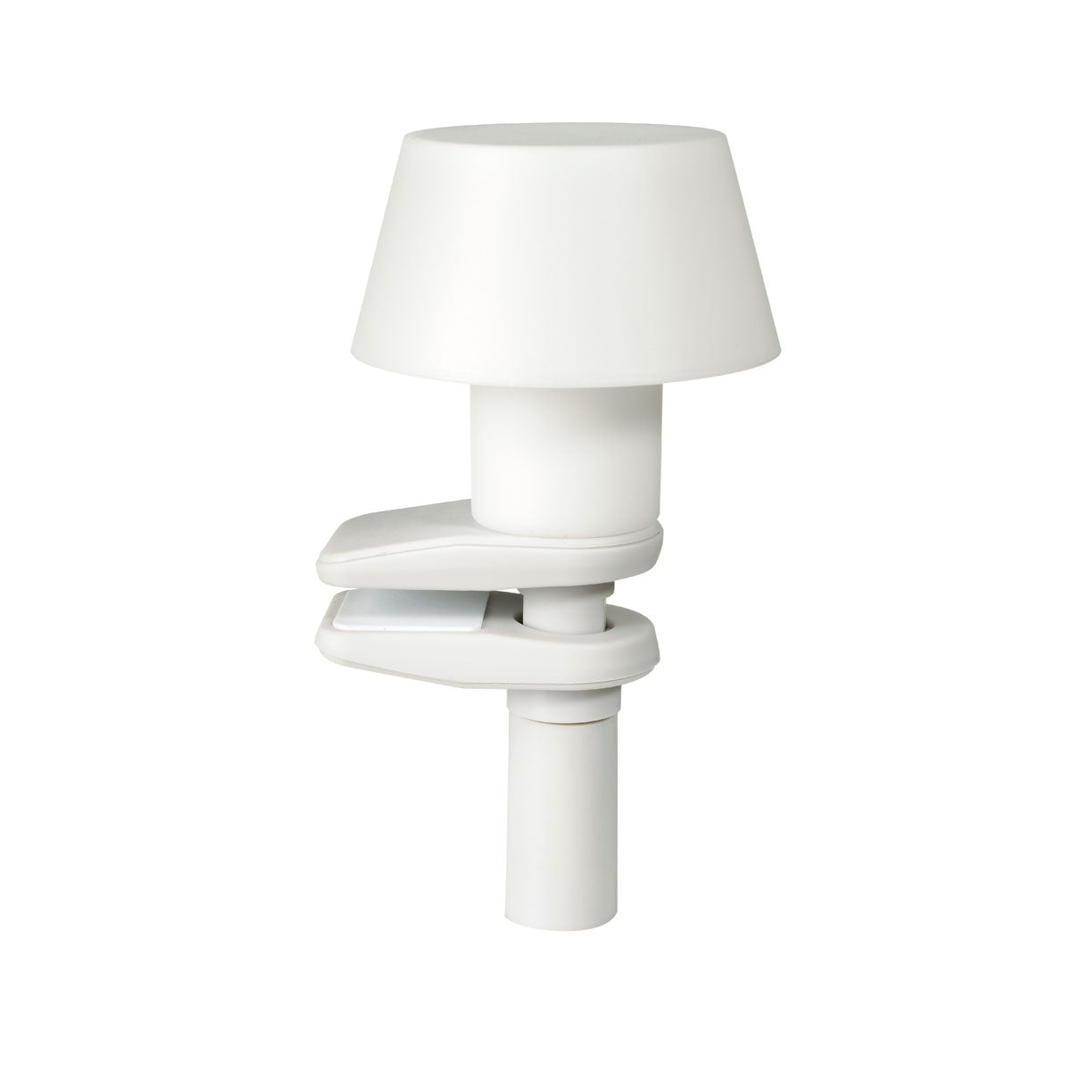 The LED candle holder made of plastic with a clip from Duni GmbH is a modern, white table decoration with a cylindrical base and conical shade, ideal for clipping - package contains 1 piece, photographed against a white background.