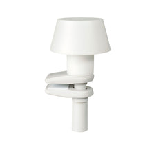The LED candle holder made of plastic with a clip from Duni GmbH is a modern, white table decoration with a cylindrical base and conical shade, ideal for clipping - package contains 1 piece, photographed against a white background.