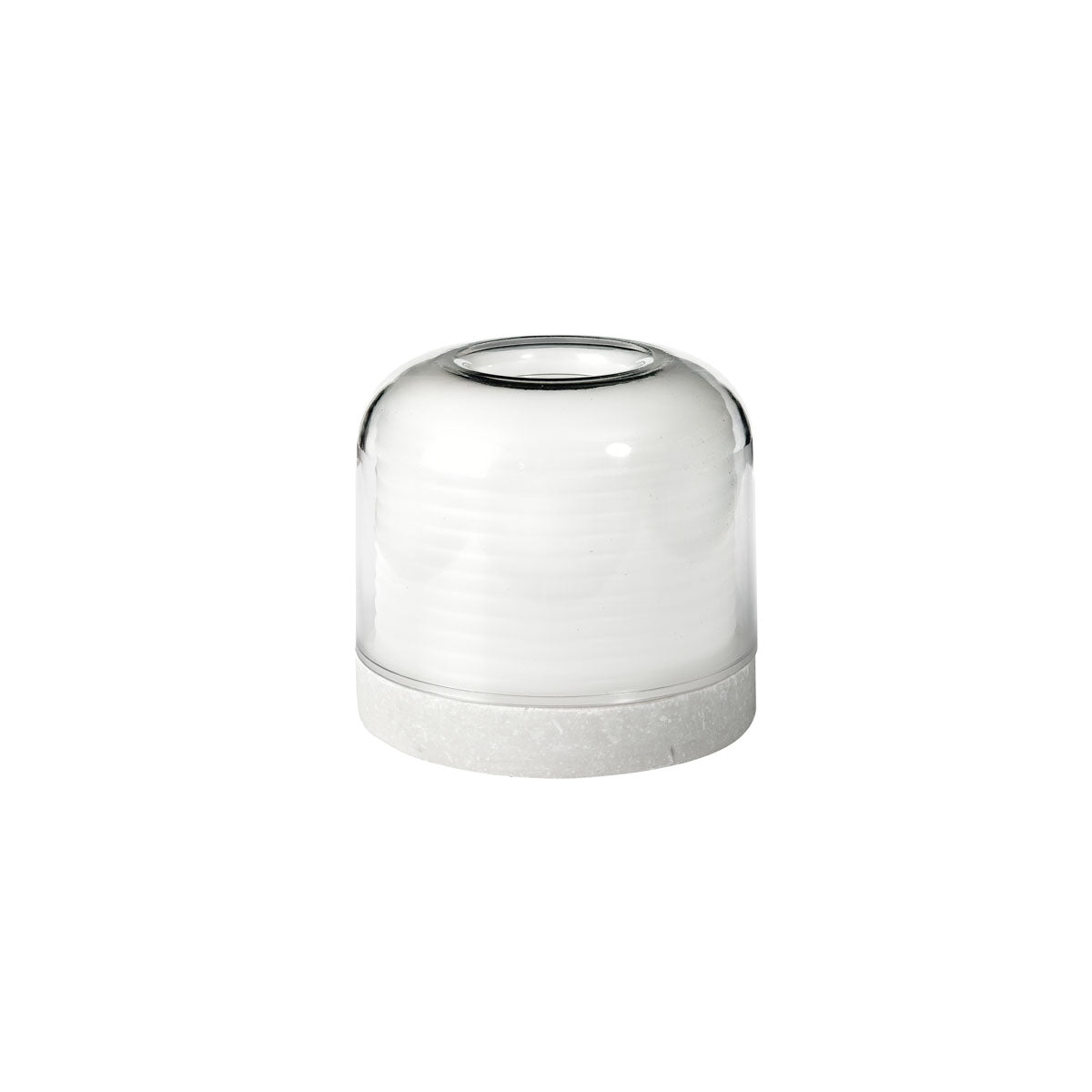 Under a clear glass dome with a flat bottom sits a stack of white, round objects resembling the LED candle holder made of plastic Stella by Duni GmbH - decorative and durable. The background is solid white. The package contains 1 piece.