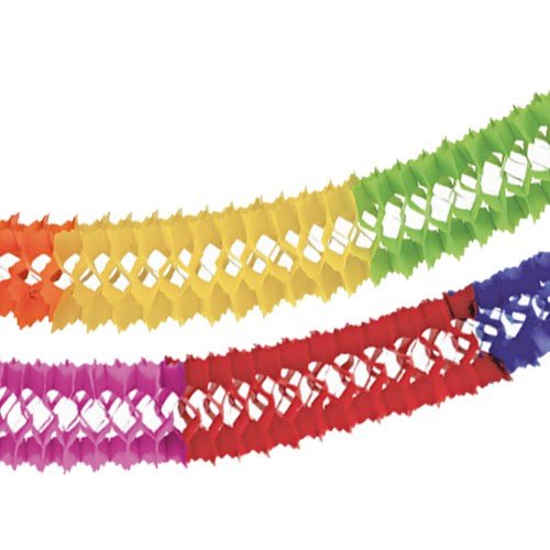 The PAPSTAR GmbH paper garland "Intensive" (Ø 16 cm, 4 m, flame retardant) features bright green, yellow, orange, purple, red, and blue segments in a honeycomb pattern - the ideal decoration for any celebration.