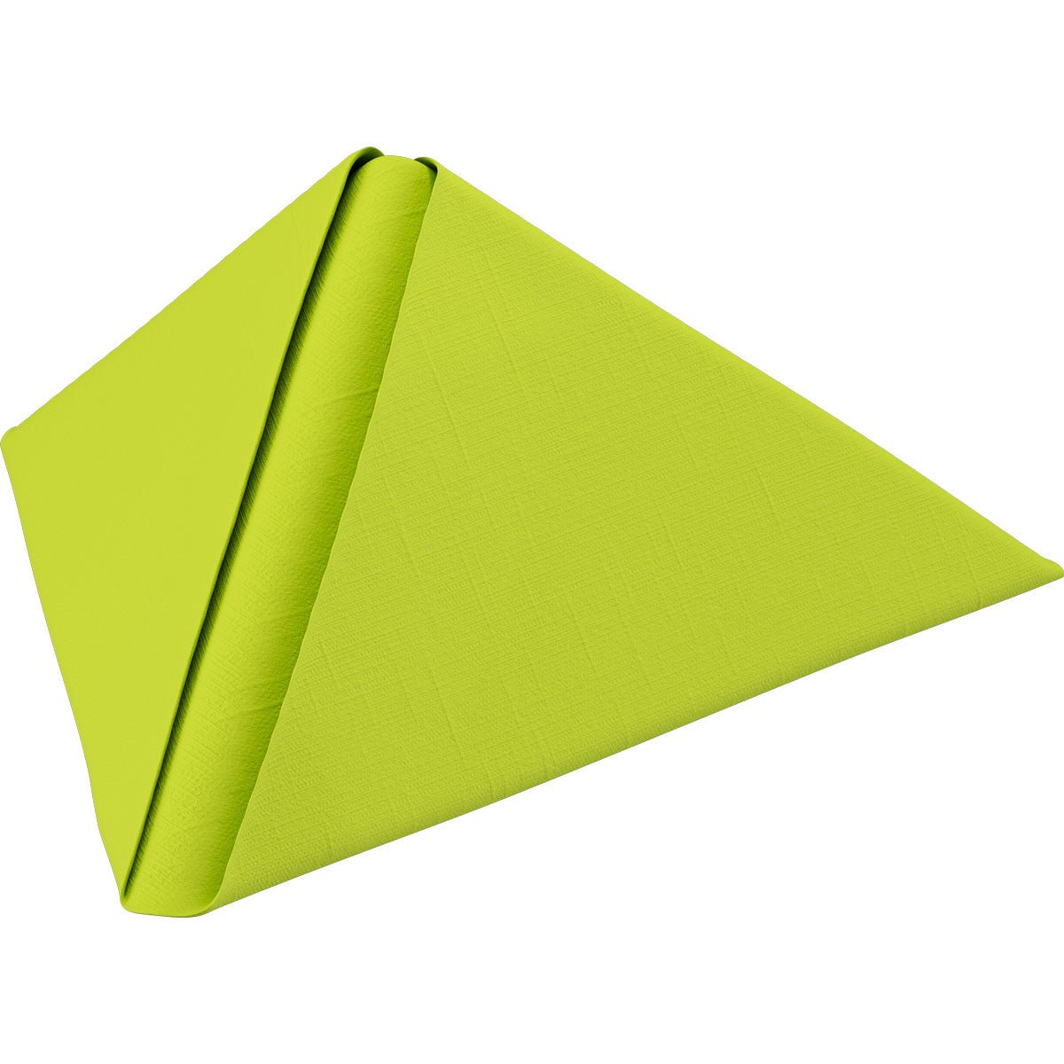 A green Dunilin napkin 40 x 40 cm 1/4 fold napkin from Duni GmbH is folded into a pyramid, with sharp edges and depicted against a white background.