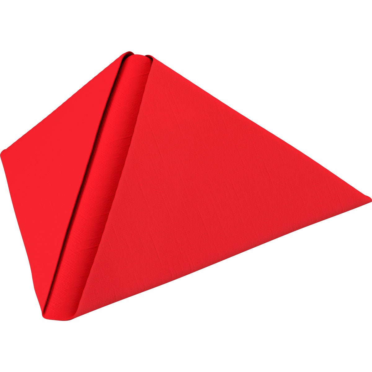 A red Dunilin napkin 40 x 40 cm 1/4 fold from Duni GmbH is folded into a sharp pyramid, highlighting its texture and fabric pattern against a plain white background.