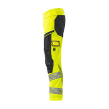 Pants with knee pockets, ULTIMATE STRETCH pants, hi-vis yellow/black-blue