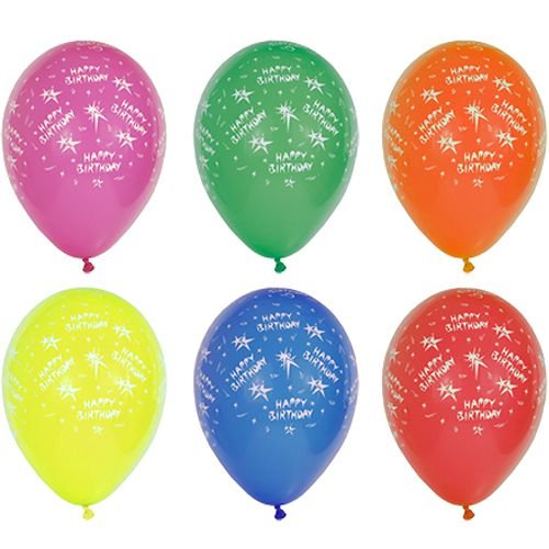 Ten assorted PAPSTAR balloons "Happy Birthday" (Ø 29 cm) from PAPSTAR GmbH with colorful designs and white birthday text - ideal for party decoration.