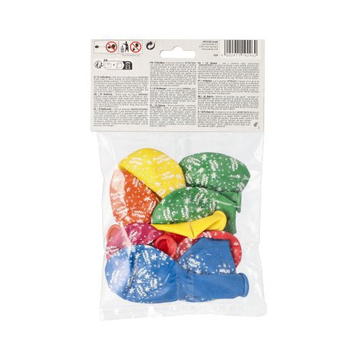 A transparent plastic bag from PAPSTAR GmbH contains 10 colorful "Happy Birthday" balloons (Ø 29 cm) with white snowflake designs; instructions and warnings can be found on a white label on the top.