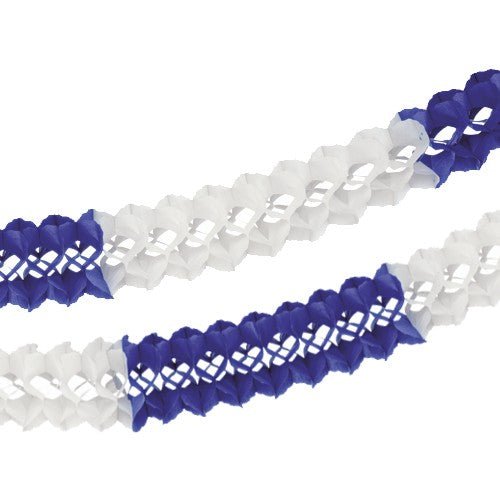 Two PAPSTAR Large garlands (Ø 16 cm, 10 m, flame-retardant) in white and dark blue/white from the PAPSTAR The GmbH logo, arranged diagonally on a white background, creates an elegant design that also provides additional fire safety.